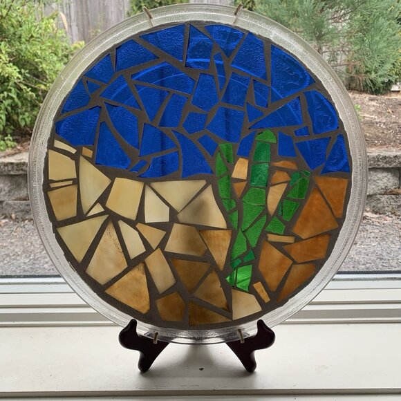 Mosaic Art Glass Desert Scene Cactus Handmade Window Decor Southwestern - Picture 1 of 13
